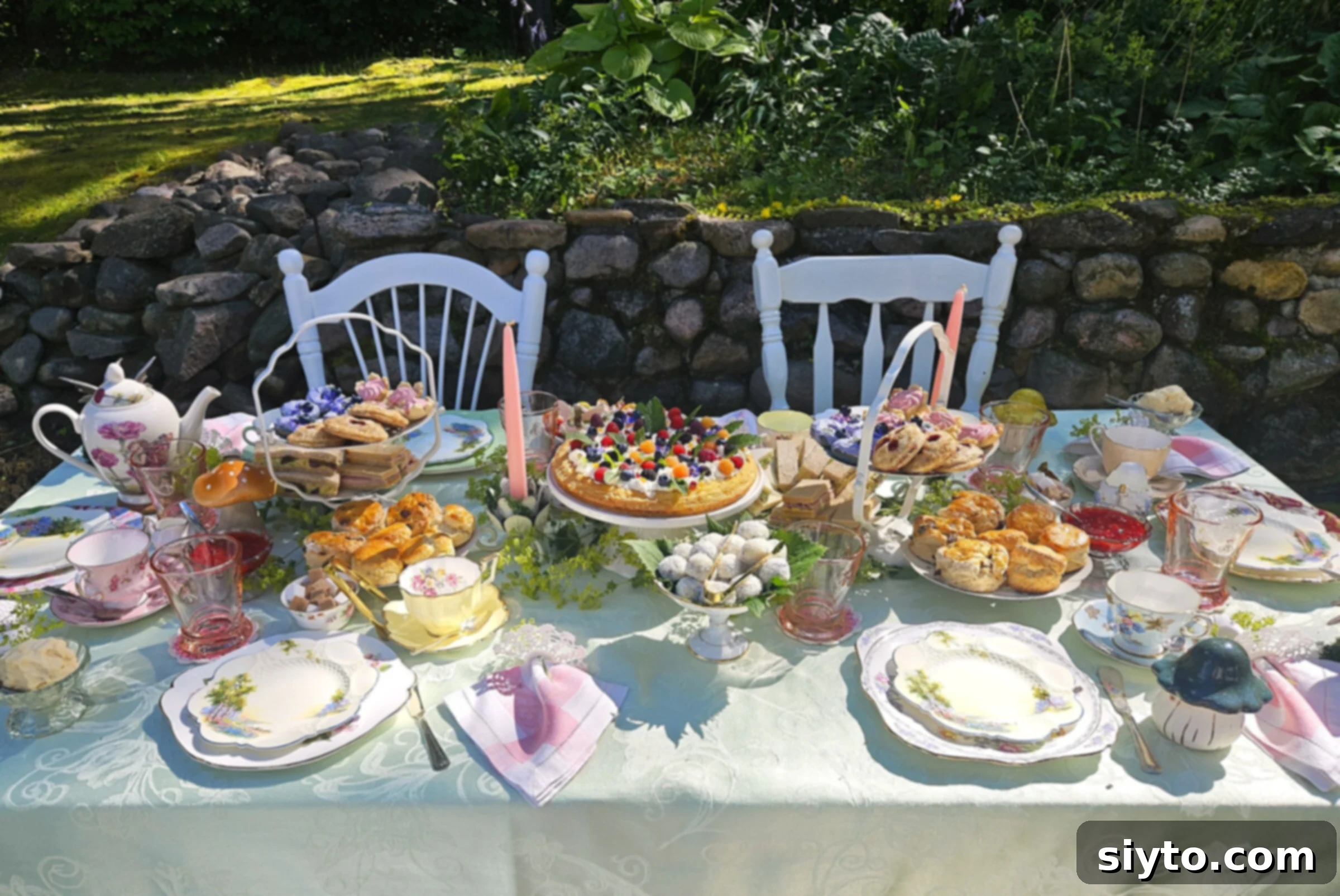 Afternoon tea table set and ready for the forest fairy picnic, with the almond cake on a stand in the center.