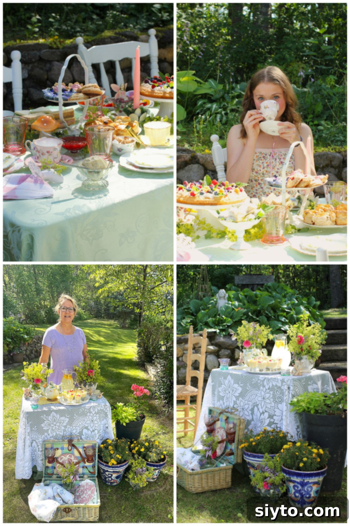 4 photo collage of picnic scenes.