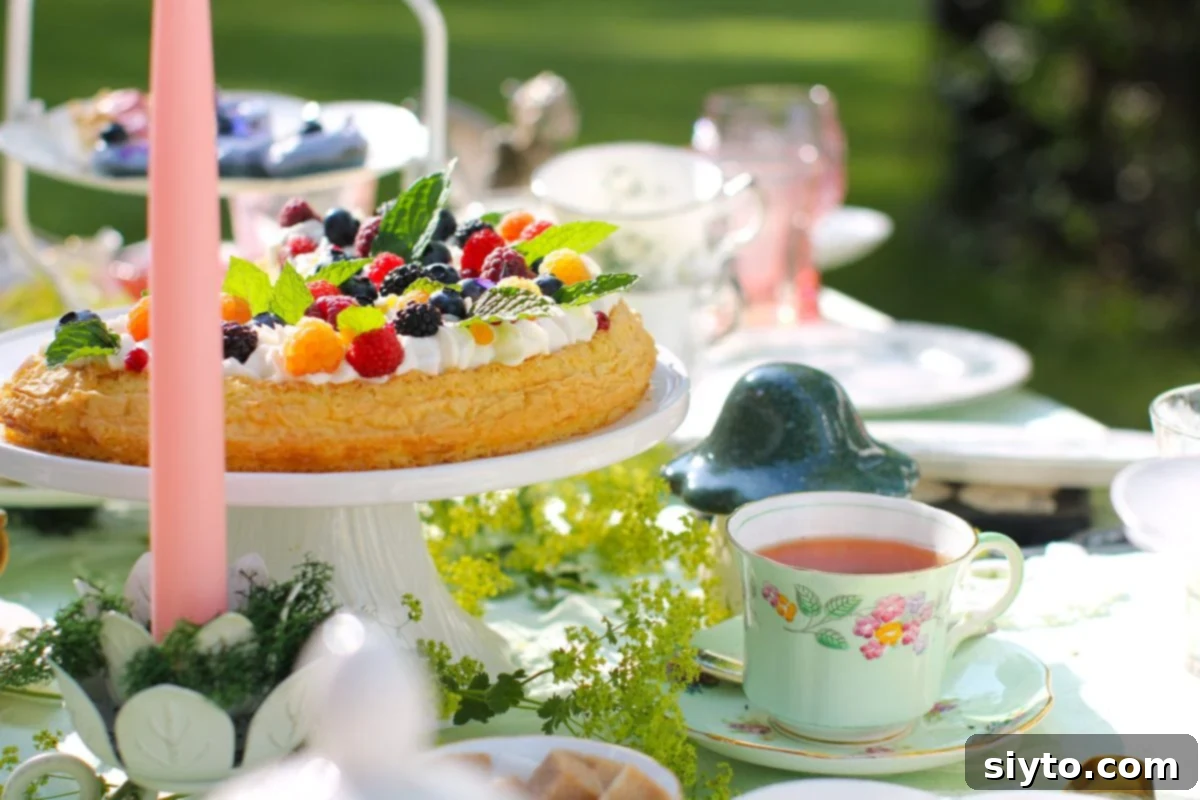 Almond Cake on a footed cake stand on that table amidst the tea things.