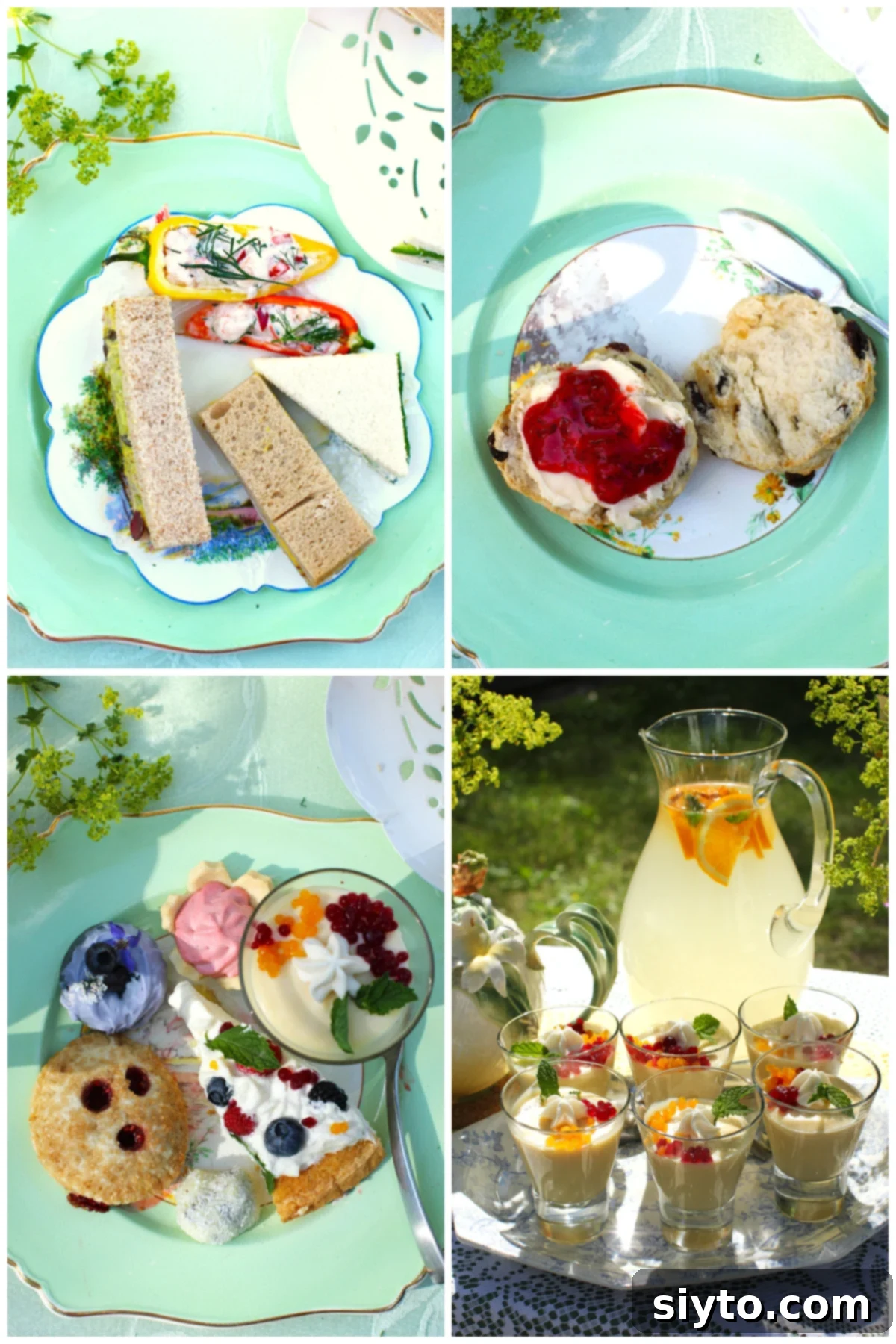 Collage of the 4 different courses of food on a plate.