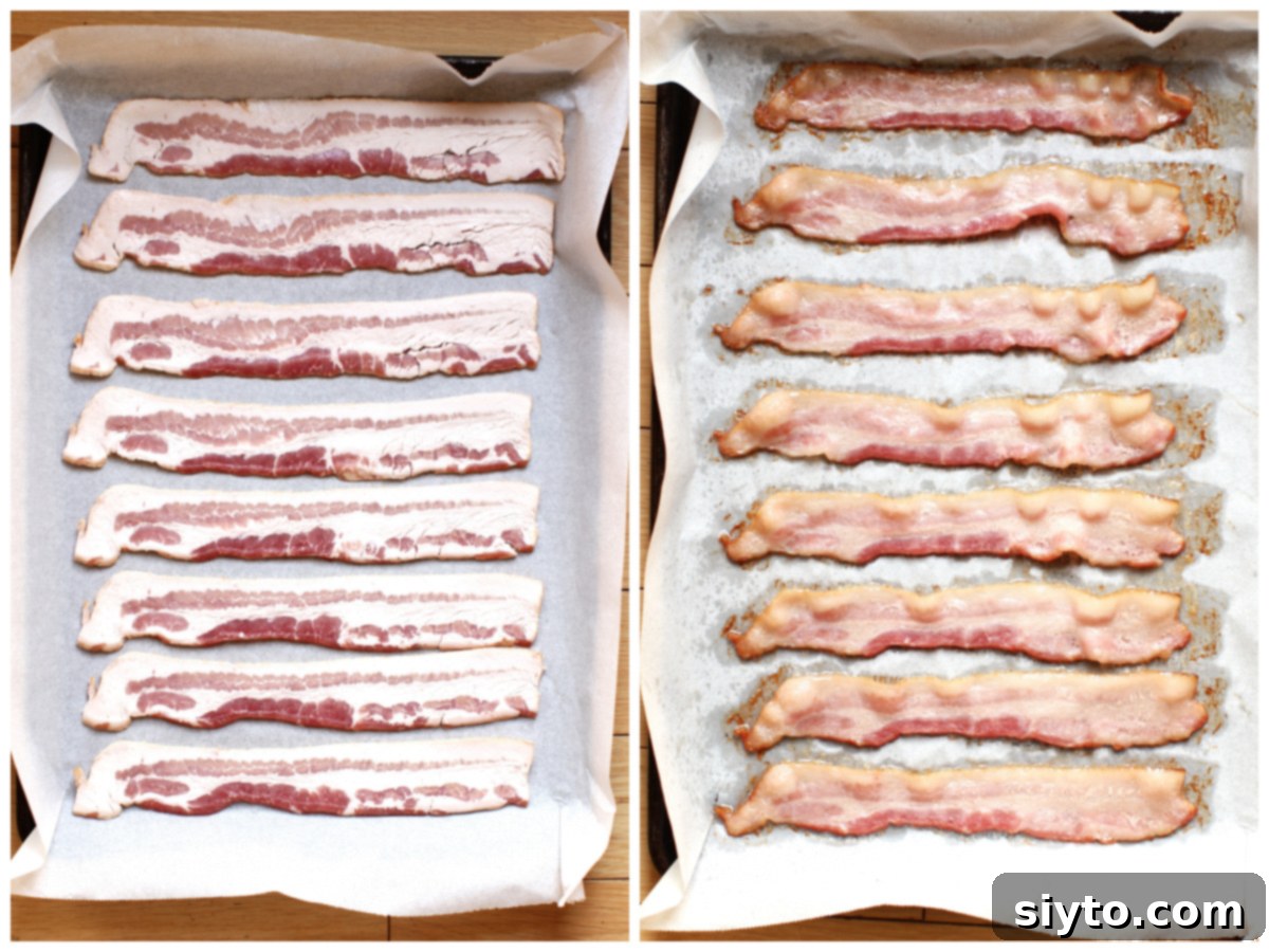 2 photo collage of bacon slices in the pan, uncooked on the left, and cooked on the right.