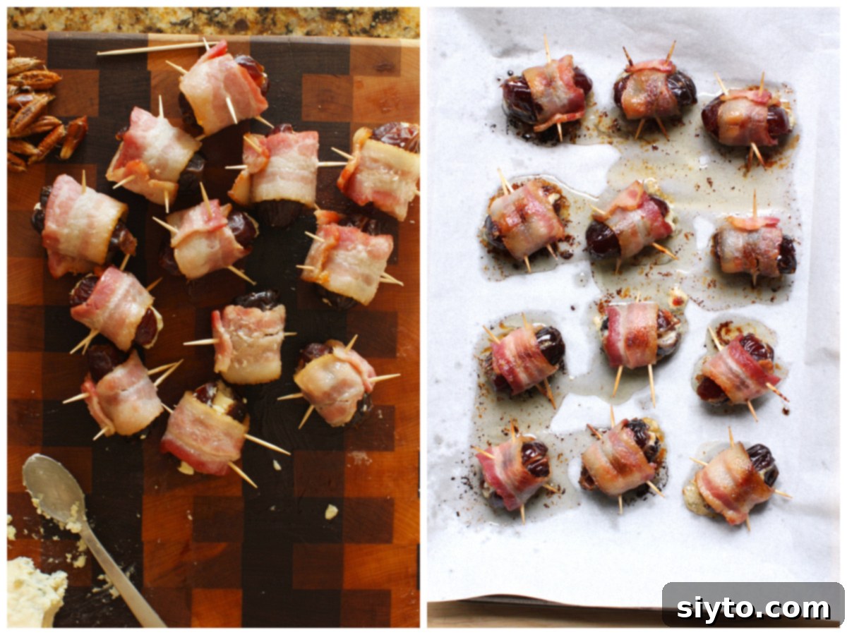 Two photo collage, left is bacon wrapped dates on cutting board, ready for oven. Right is bacon wrapped dates on paper lined baking sheet, after being baked.