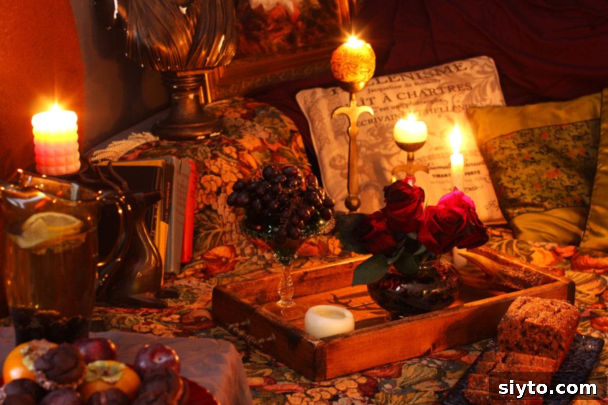 Candles, cushions, roses all set on a wooden tray on a tapestry covered couch.