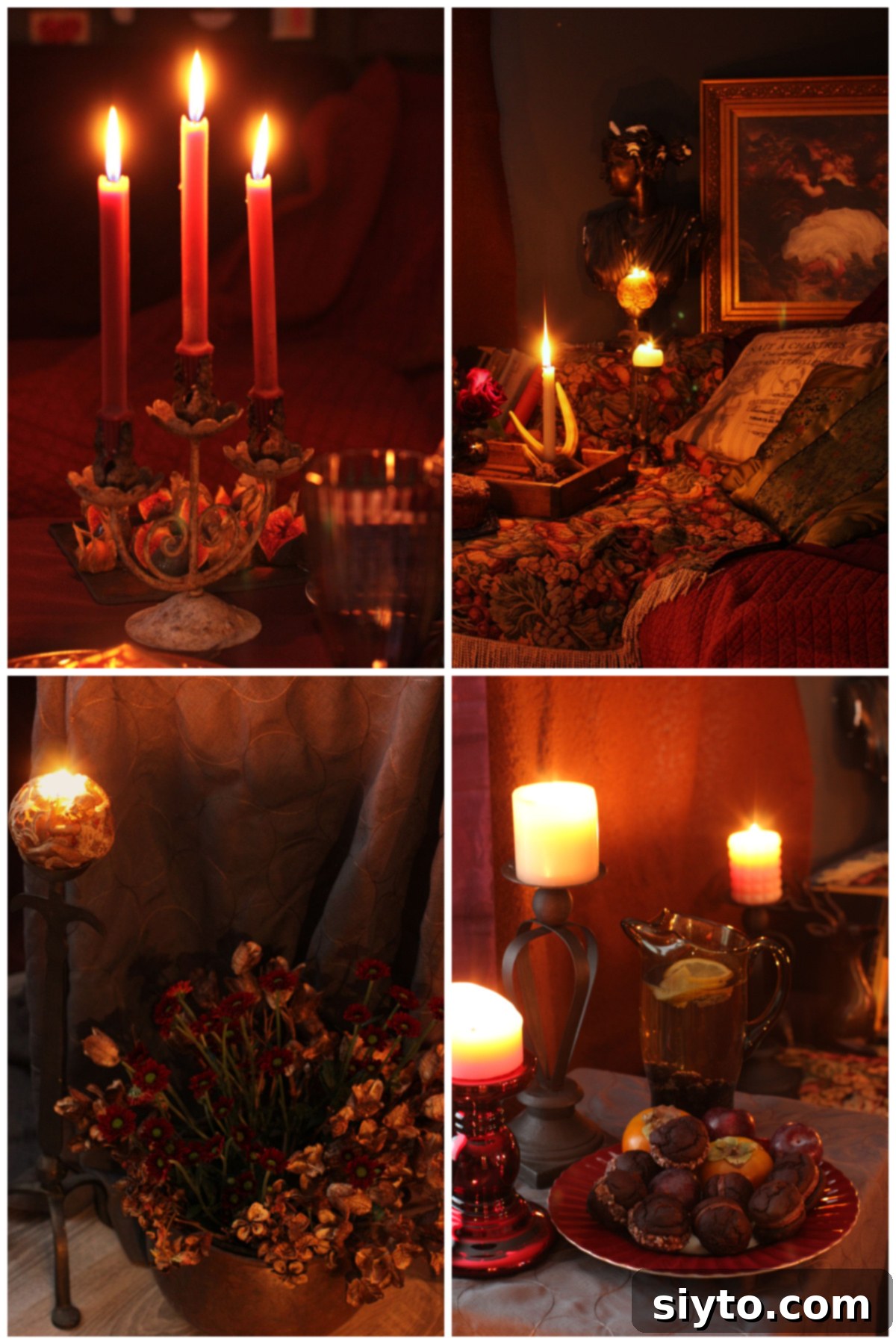 collage of different candles lighting up our moody magic afternoon tea party.