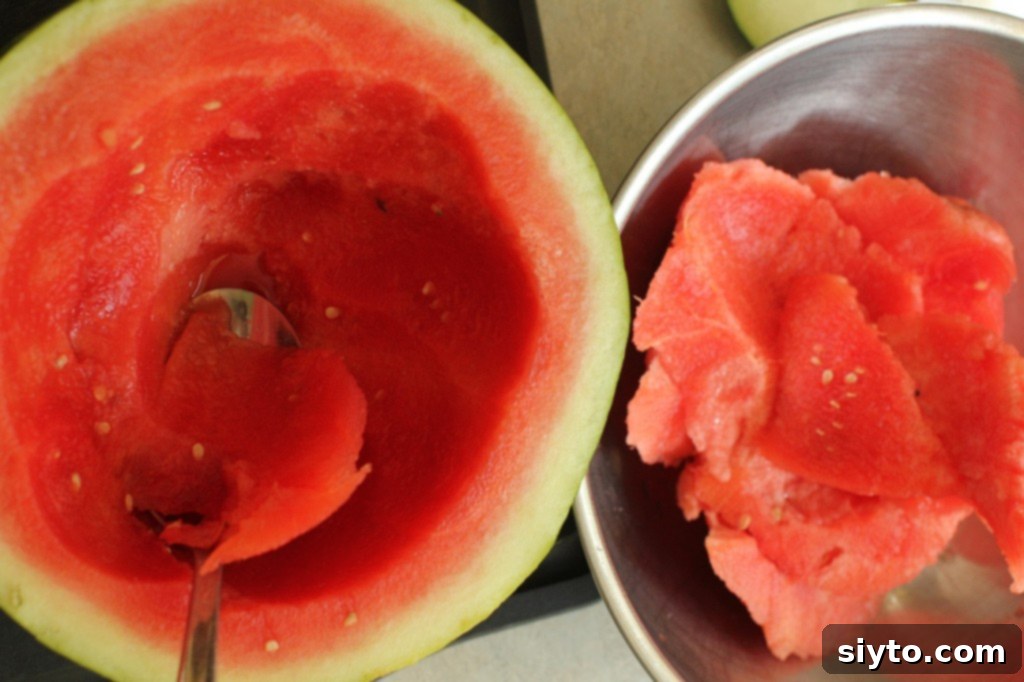 Process of cutting and scooping out a watermelon to create a decorative bowl for salsa