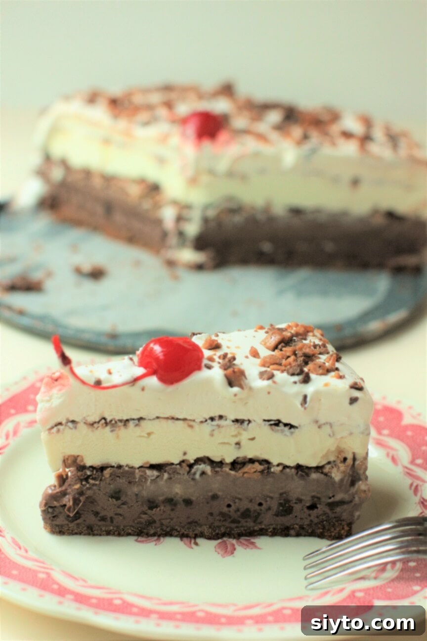 A beautiful slice of layered homemade ice cream cake, with the full cake visible in the background, showcasing its delicious layers and toppings.