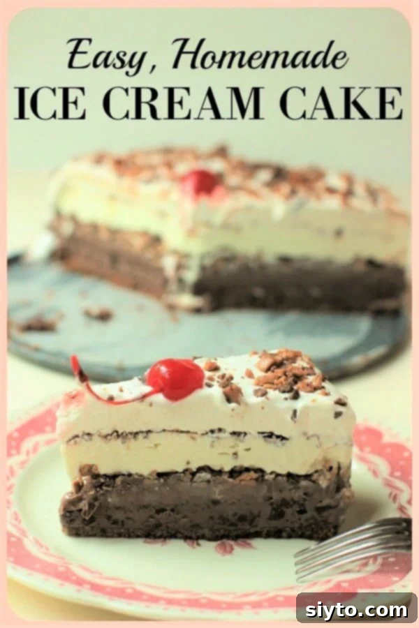 A vertical banner image for homemade ice cream cake, perfect for pinning on Pinterest, featuring a delicious slice of cake.